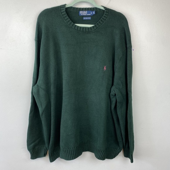 Polo Ralph Lauren Sweater Mens 4XB Green Crewneck Knit Pullover Pink Pony Cotton - Picture 1 of 9